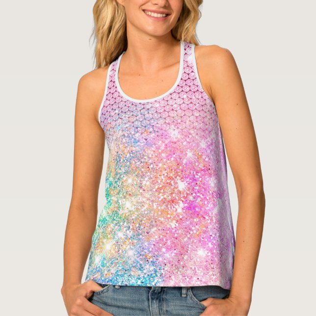Cute Pink unicorn faux glitter monogram Tank Top (Front)
