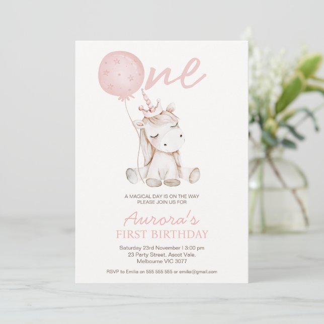 Cute Pink Unicorn First Birthday Invitation (Standing Front)