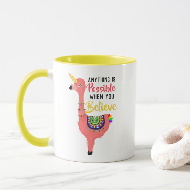 Cute Pink Unicorn Flamingo Llama Believe Quote Mug (With Donut)