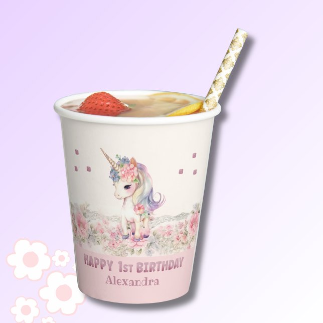 Cute Pink Unicorn Floral Girl 1st Birthday  Paper Cups (Creator Uploaded)