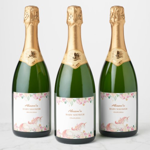 Cute Pink Unicorn Floral Greenery Baby Shower Sparkling Wine Label