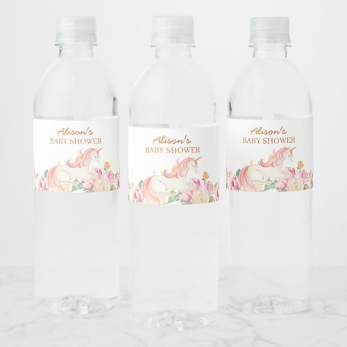 Cute Pink Unicorn Floral Greenery Baby Shower Water Bottle Label