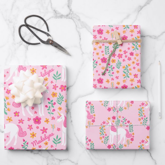 Cute Pink Unicorn Flower Pattern Personalized Name Wrapping Paper Sheets (Front)