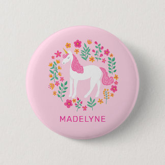 Cute Pink Unicorn Flowers Name Tag Button