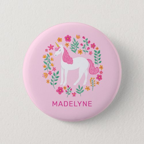 Cute Pink Unicorn Flowers Name Tag Button
