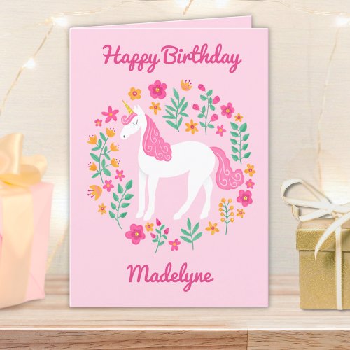 Cute Pink Unicorn Flowers Personalized Birthday Card