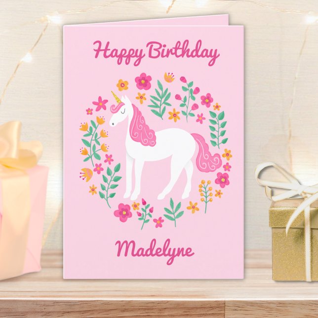 Cute Pink Unicorn Flowers Personalized Birthday Card (Creator Uploaded)