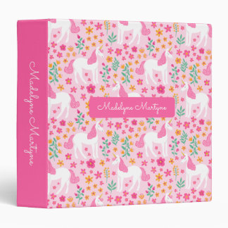 Cute Pink Unicorn Flowers Personalized Name 3 Ring Binder