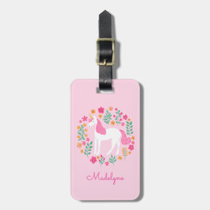 Cute Pink Unicorn Flowers Personalized Name Luggage Tag