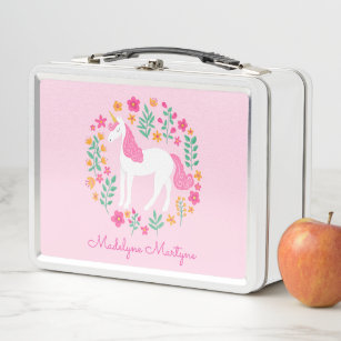 Cute Pink Unicorn Flowers Personalized Name Metal Lunch Box