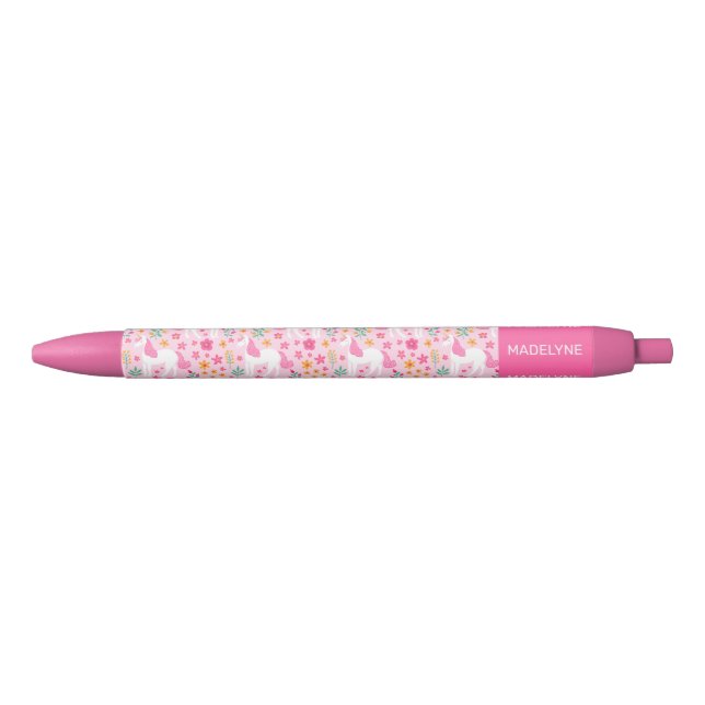 Cute Pink Unicorn Flowers Personalized Name Pen (Front)
