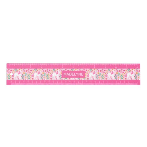 Cute Pink Unicorn Flowers Personalized Name Ruler