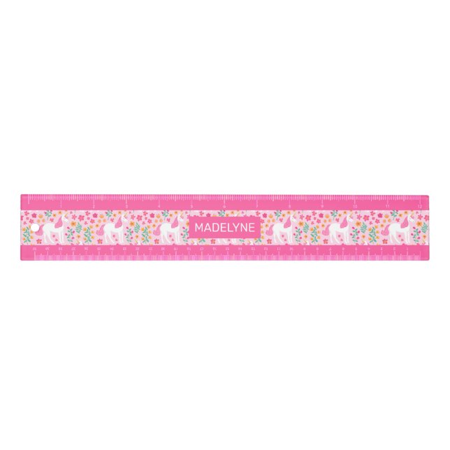 Cute Pink Unicorn Flowers Personalized Name Ruler (Front)