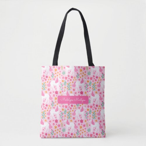 Cute Pink Unicorn Flowers Personalized Name Tote Bag