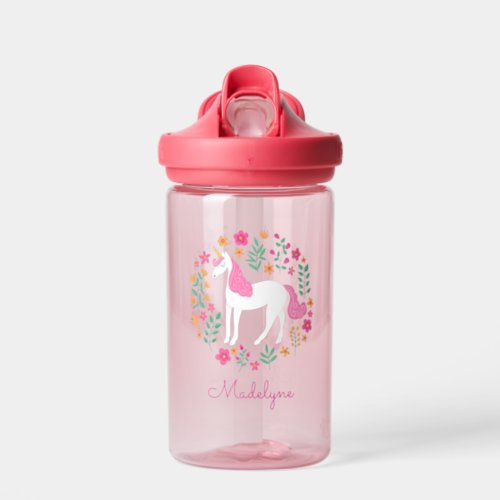 Cute Pink Unicorn Flowers Personalized Name Water Bottle