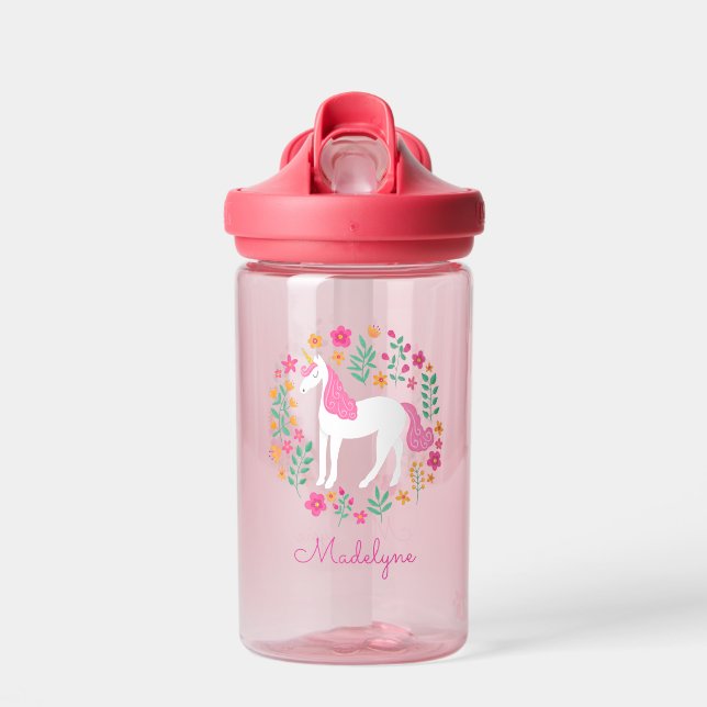 Cute Pink Unicorn Flowers Personalized Name Water Bottle (Front)