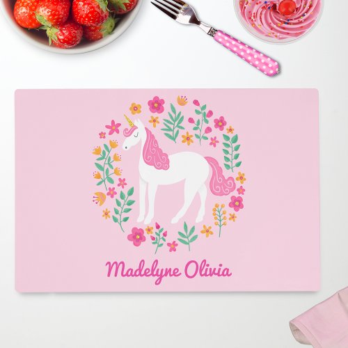 Cute Pink Unicorn Flowers Pink Personalized Name Placemat