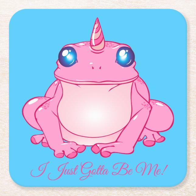 Cute Pink Unicorn Frog Square Paper Coaster (Front)