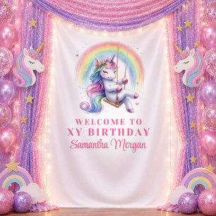 Cute Pink Unicorn Girl Birthday Backdrop