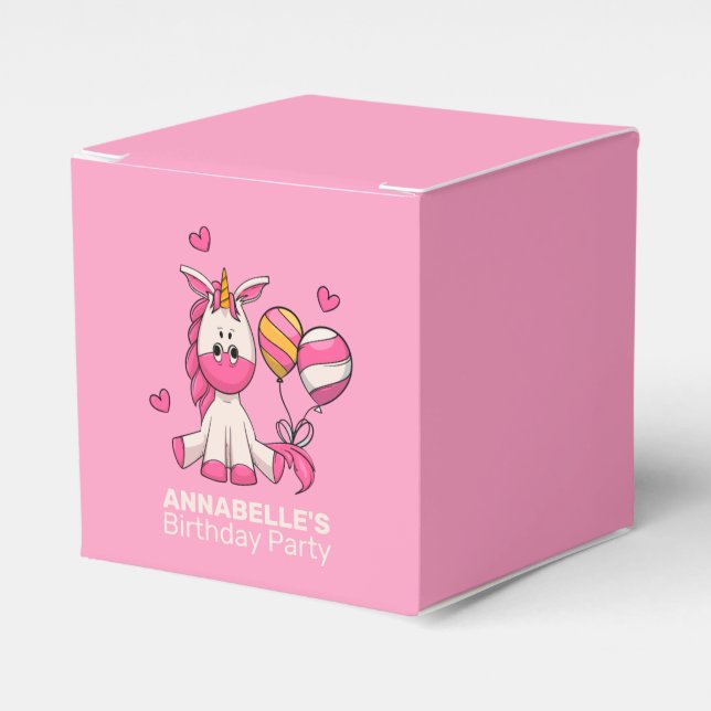 Cute Pink Unicorn Girl Birthday Party Favor Boxes (Front Side)