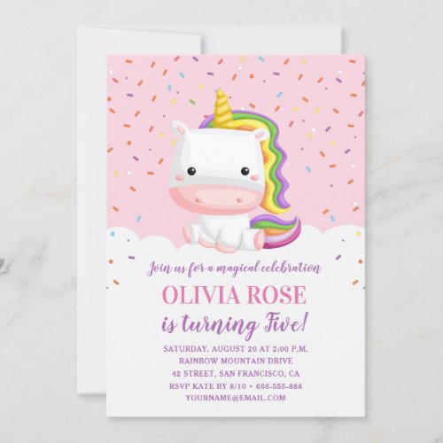 Cute Pink Unicorn Girl Birthday Party Invitation