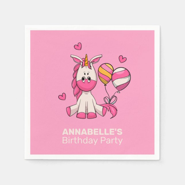 Cute Pink Unicorn Girl Birthday Party Napkins (Front)