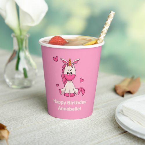 Cute Pink Unicorn Girl Birthday Party Paper Cups