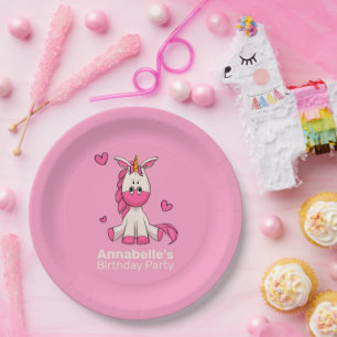 Cute Pink Unicorn Girl Birthday Party Paper Plates