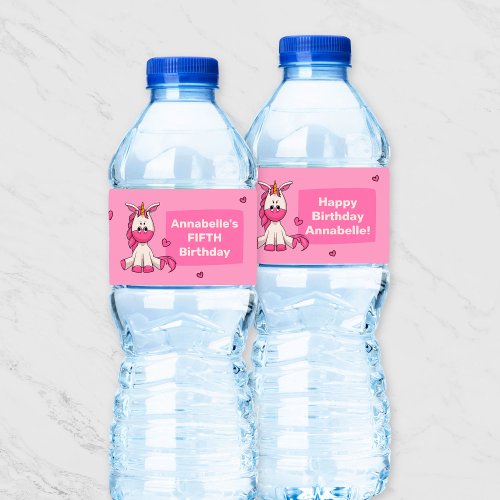 Cute Pink Unicorn Girl Birthday Party Water Bottle Label