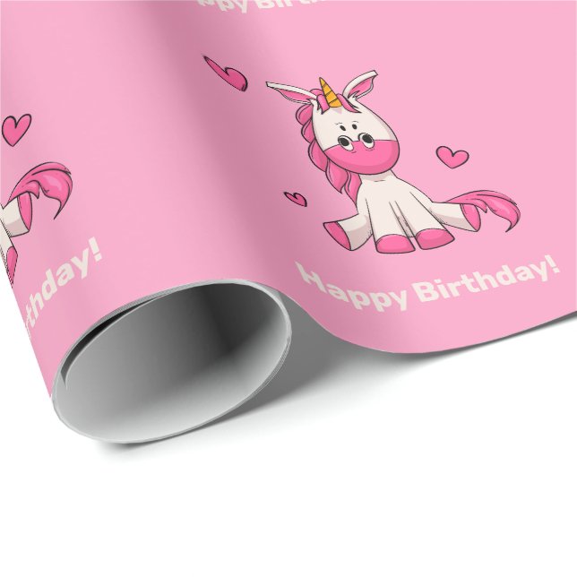 Cute Pink Unicorn Girl Birthday Party Wrapping Paper (Roll Corner)