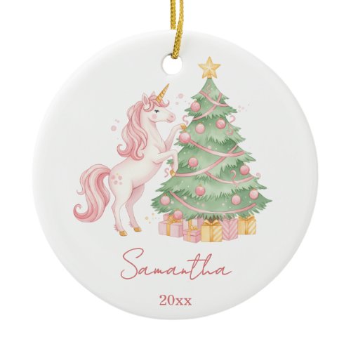 Cute Pink Unicorn Girl Christmas Tree Custom Ceramic Ornament