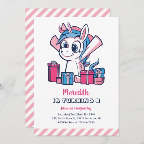 Cute Pink Unicorn Girl Kids Birthday Invitation