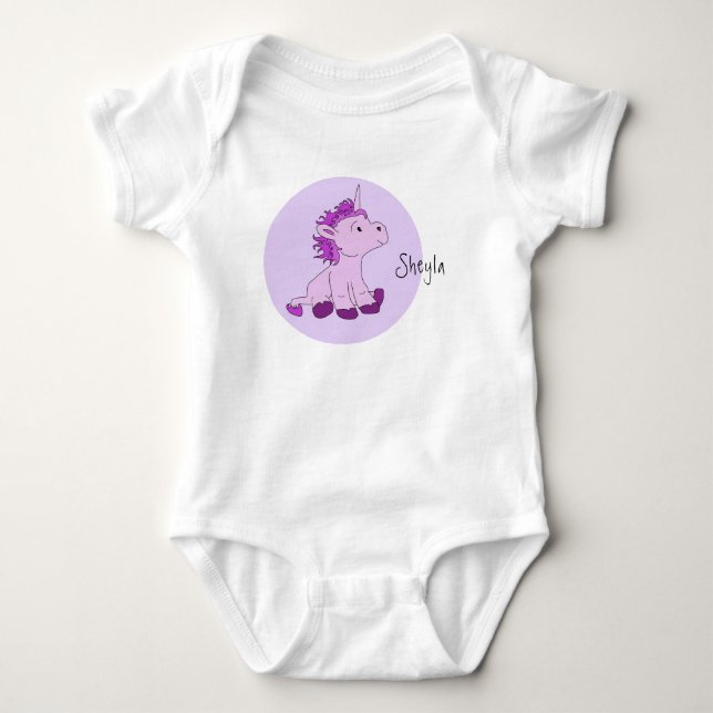 Cute Pink Unicorn Girl Name Baby Bodysuit (Front)