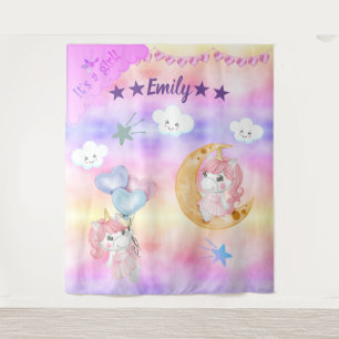 Cute Pink Unicorn Girl Sitting On The Moon Baby Tapestry