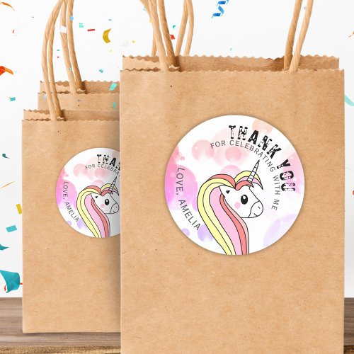 Cute Pink Unicorn Girl Thank you Birthday Party Classic Round Sticker