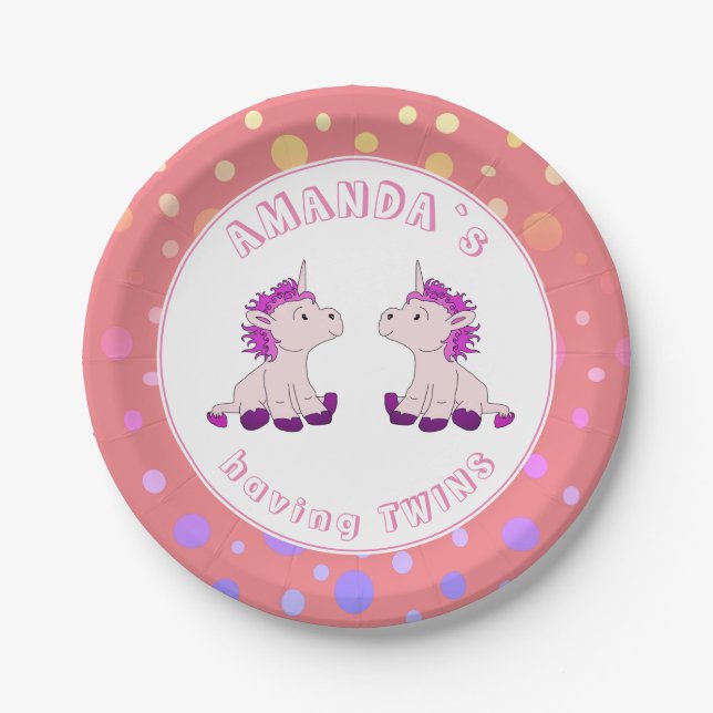 Cute Pink Unicorn Girl Twins Baby Shower Party Paper Plates (Front)