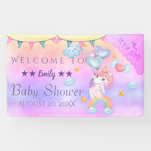 Cute Pink Unicorn Girl With Hearts Balloons Banner