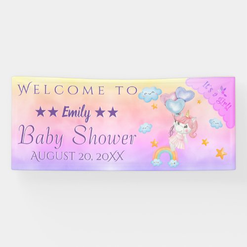 Cute Pink Unicorn Girl With Hearts Balloons Party Banner