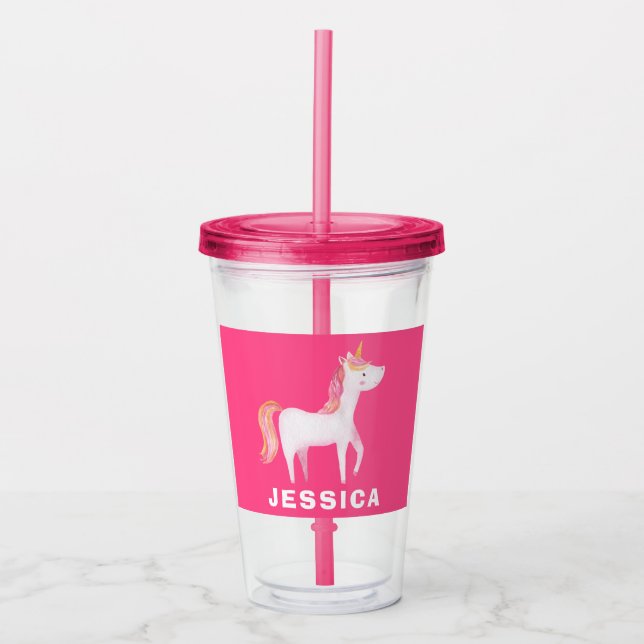 Cute Pink Unicorn Girls Acrylic Tumbler (Front)