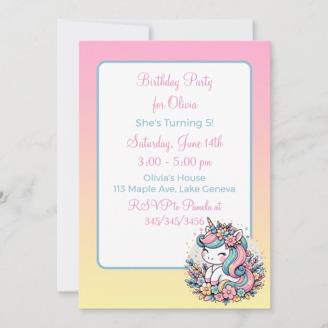 Cute Pink Unicorn Girl's Birthday Invitation (Front)