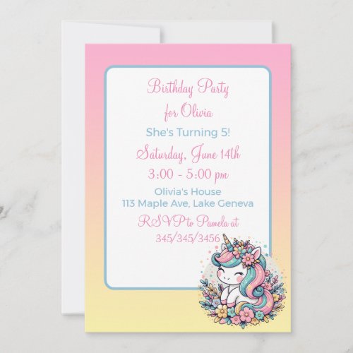 Cute Pink Unicorn Girls Birthday Invitation