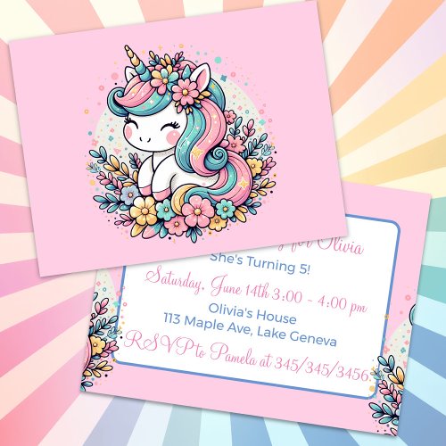 Cute Pink Unicorn Girls Birthday Invitation Postcard