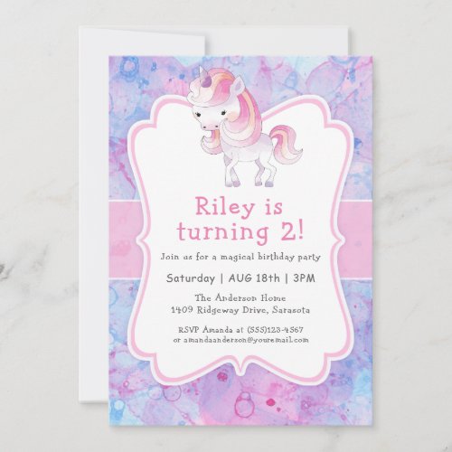 Cute Pink Unicorn Girls Birthday Party Invitation