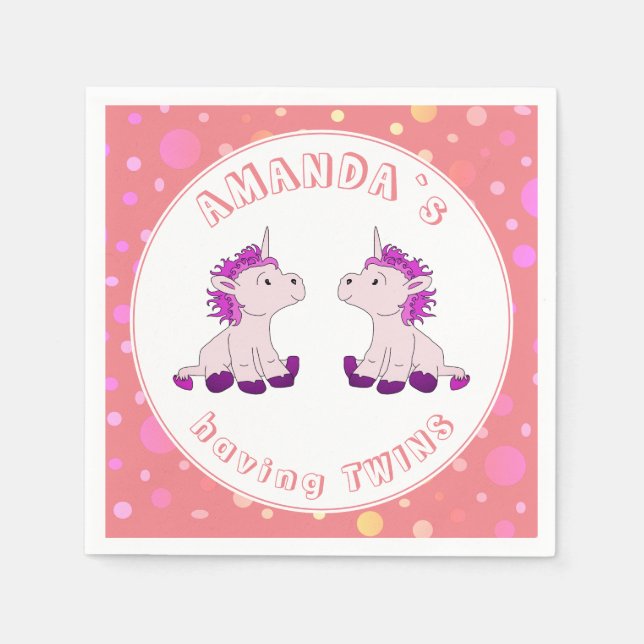 Cute Pink Unicorn Girls Twins Baby Shower Party Napkins (Front)