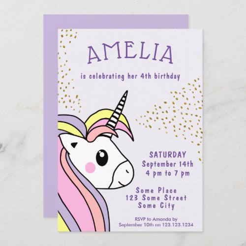 Cute Pink Unicorn Girly Kids Birthday  Invitation