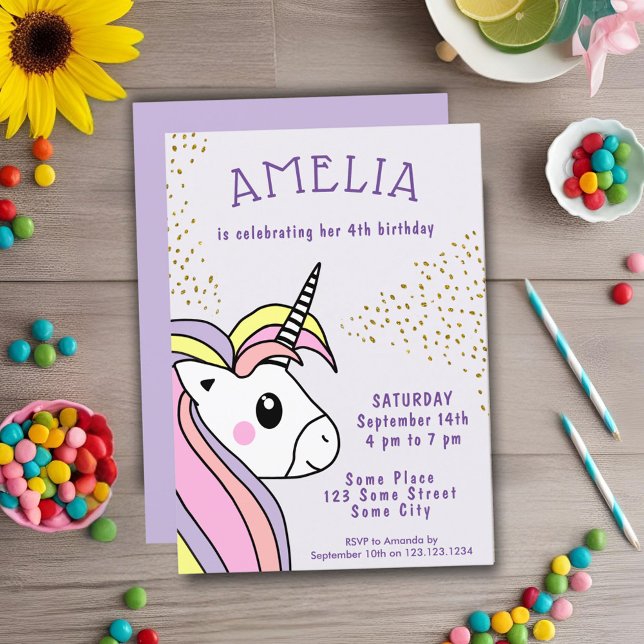 Cute Pink Unicorn Girly Kids Birthday  Invitation (Creator Uploaded)