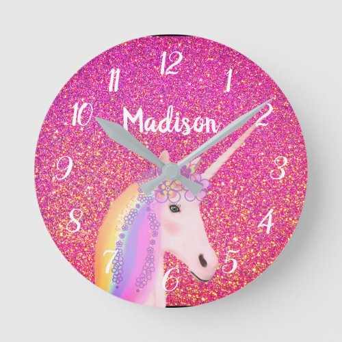 Cute Pink Unicorn Glitter Personalized Kids Round Clock