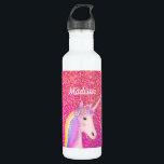 Cute Pink Unicorn Glitter Personalized Kids  Stainless Steel Water Bottle<br><div class="desc">Make staying hydrated fun for kids with this Cute Pink Unicorn Glitter Personalized Kids stainless steel water bottle! It is designed with a pretty white unicorn on the front center. She has pastel rainbow hair and flowers on top of her head. The background is faux pink and gold glitter. Name...</div>