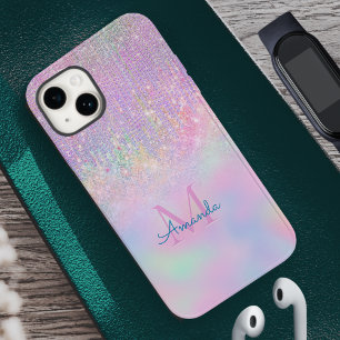 Cute Pink Unicorn Glitter rhinestone Drip monogram iPhone 15 Case