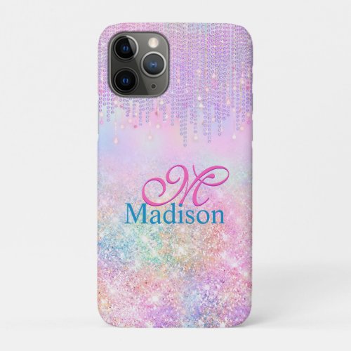 Cute Pink Unicorn Glitter rhinestone Drip monogram iPhone 11 Pro Case